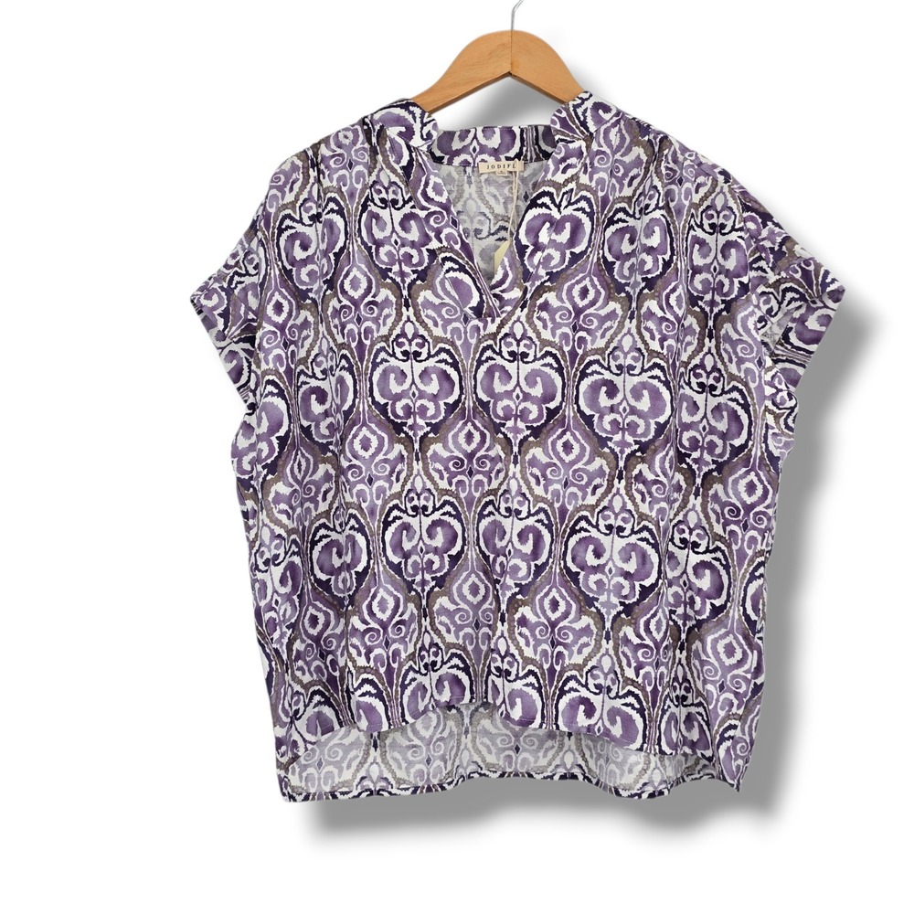 New Jodifl Womens Purple Ikat Damask V-Neck‎ High-Low Top Size Small